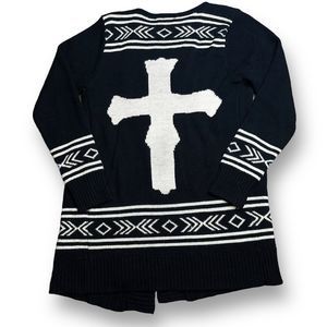 Forever 21 Open Long Cardigan Sweater Womens Medium Black Cream Knit Long Sleeve